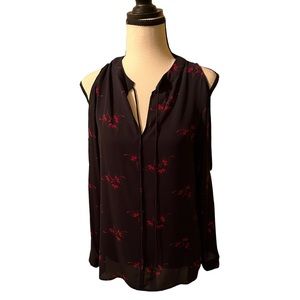 Loft Cold Shoulder Long Sleeve Blouse Floral Navy and Red V Neck Tassle medium